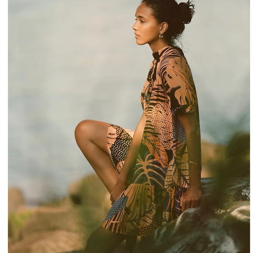 Anthropologie CoreyLynnCalter Tropical Print Drop Waist Ruffle Mini Dress Medium